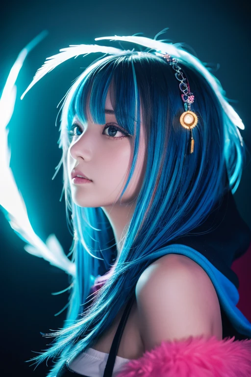 (masterpiece), Highest quality, 超High resolution,Girl, サイバーパンク 1 美しい都市景観の上を飛ぶGirl ,hoodie,Blue Hair,  Neon colorの流れ星, Very long hair, Off the shoulder, Feather hair ornament, Neon color, Blink, Amazing night sky, Cinema Lighting, Realistic, Realistic Skin, High resolution,Fisheye Lens