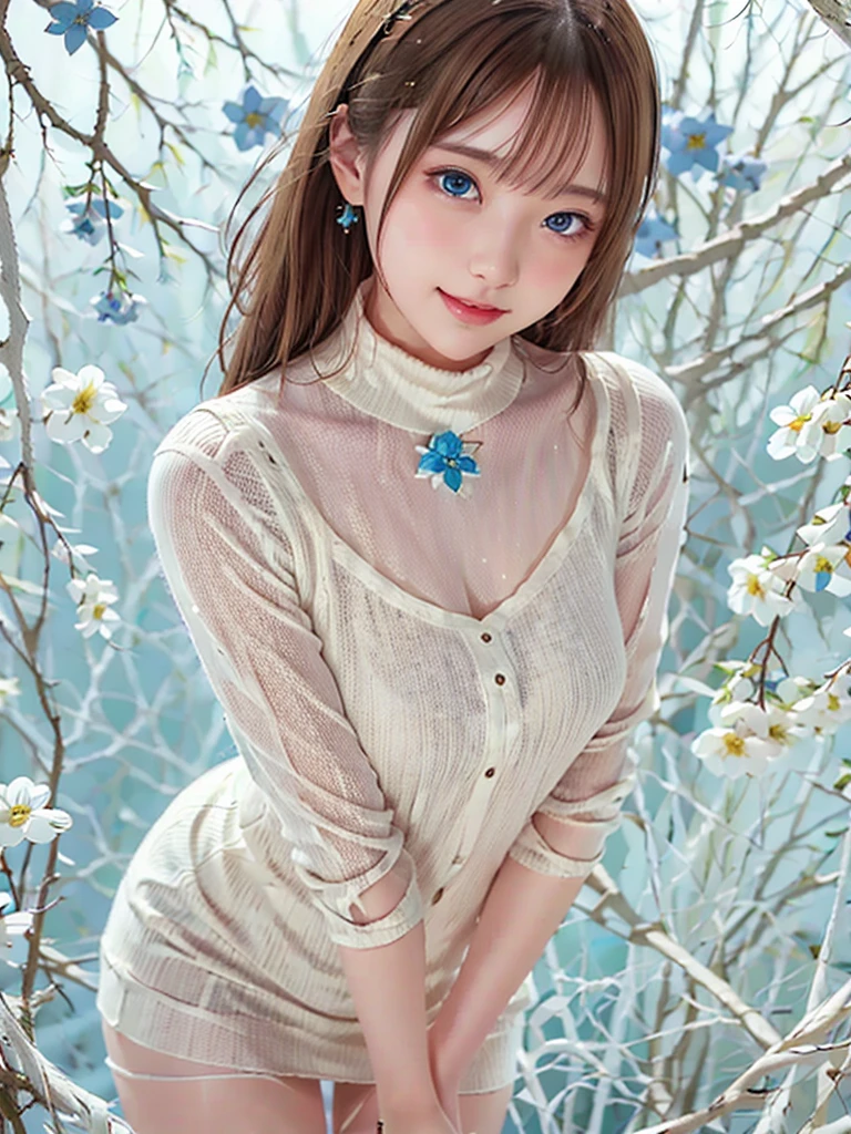 8k,Confused, High resolution, Very detailed, 1 person, alone, Very beautiful eyes, Ultra-precise depiction, artistic、Very detailed depiction, (Tangled:1.2), , (White high key background:1.5), (((White dress with blue flowers 1.5))), 、 short hair、Loose wavy hair、Earrings and Necklaces、Brown Hair, (Glowing Skin), Many colors, , (Shooting from above:1.2),、Flat Body、slim、cute、、Round face、Cast a Shadow、、Smile 1.3、Mid-shot photo、