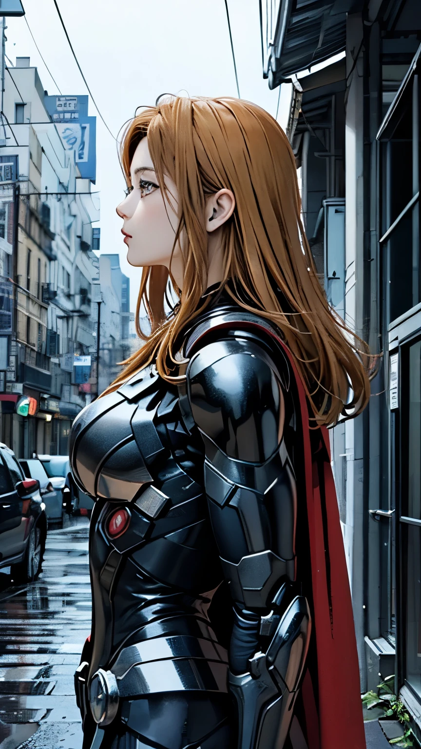 Mighty Thor、woman、22 years old、woman体型、profile、Moderate bust、Upper Body、blonde、Mechanical Suit、Highest quality、Masterpiece、scenery、City、rain。