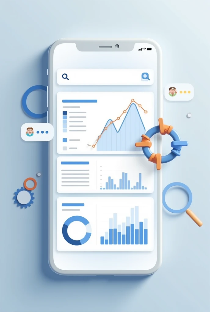 the menu of a smartphone application, containing search bar, and widgets with various pie charts and line charts