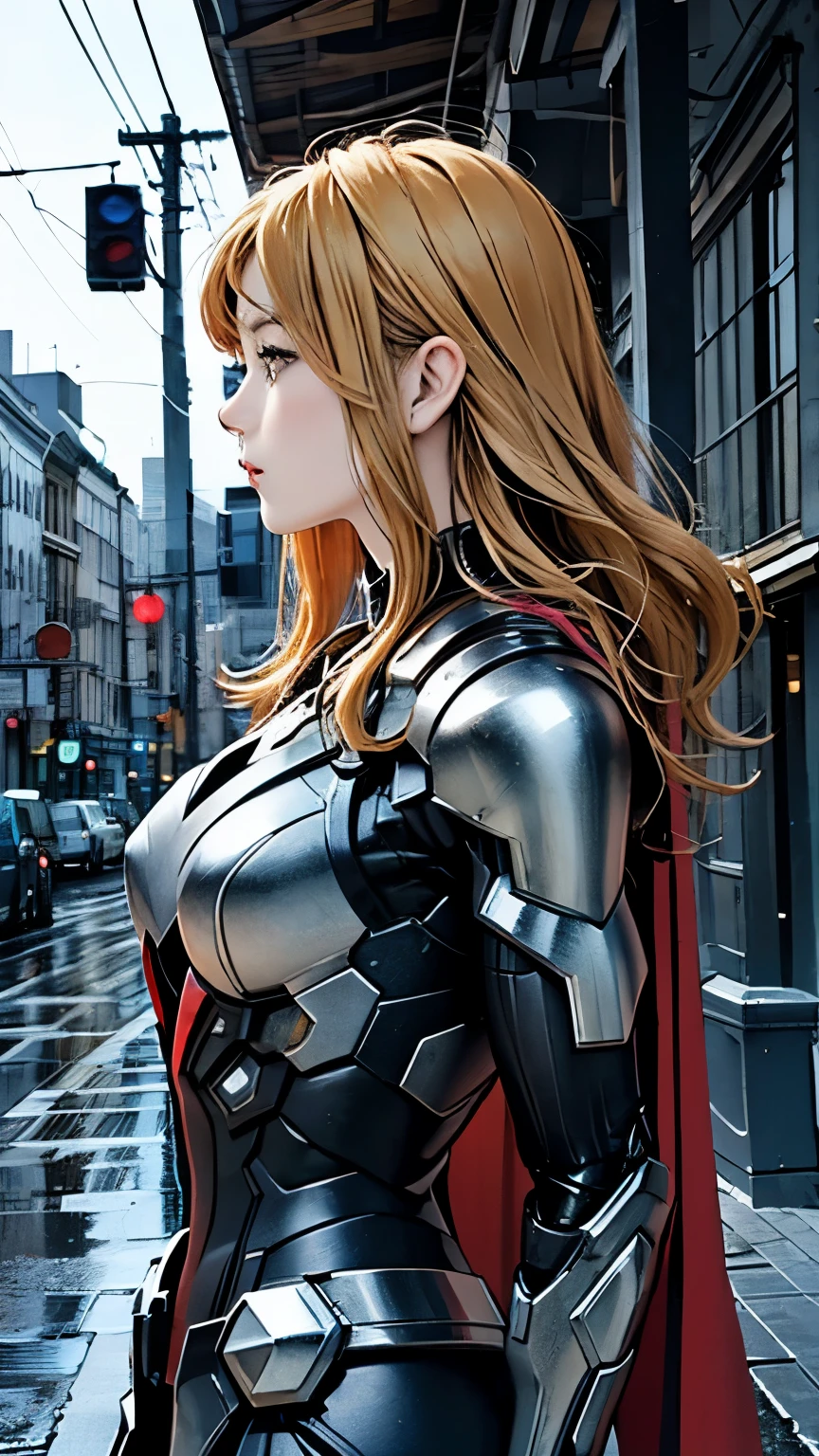 Mighty Thor、woman、22 years old、woman体型、profile、Moderate bust、Upper Body、blonde、Mechanical Suit、Highest quality、Masterpiece、scenery、City、rain。
