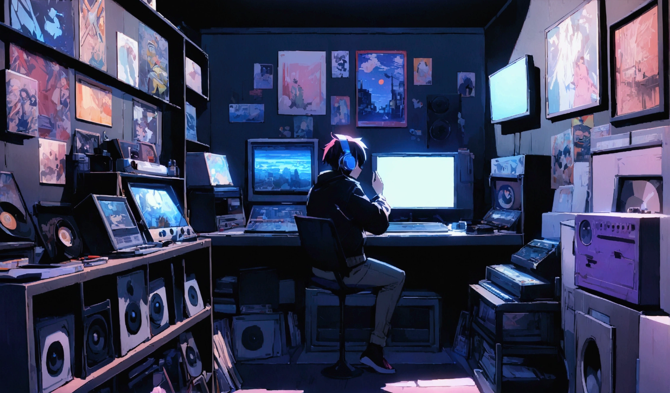 1 person,Boy wearing headphones and listening to music, Chill, Very detailedな, neutral,dark,game machine,comics,Vintage Wave, cyber punk, relax, Light coming through the window, nightの風景, One Bedroom, 2D, (Shot from a distance), Wide Shot, (Movie noise), 古いcomics, (Many records: 1.3), vinyl record store, (masterpiece, Very high quality, Very high quality, Official Art, beautifully、beautiful: 1.2), (Very detailed, (Fractal Art: 1.4 ), guitar, (Note: 1.4), (Lo-fi hip hop), Side view, Old Anime Texture, alone, speaker, cyber punk, vinyl, night，Exquisite facial details，Cool guy
