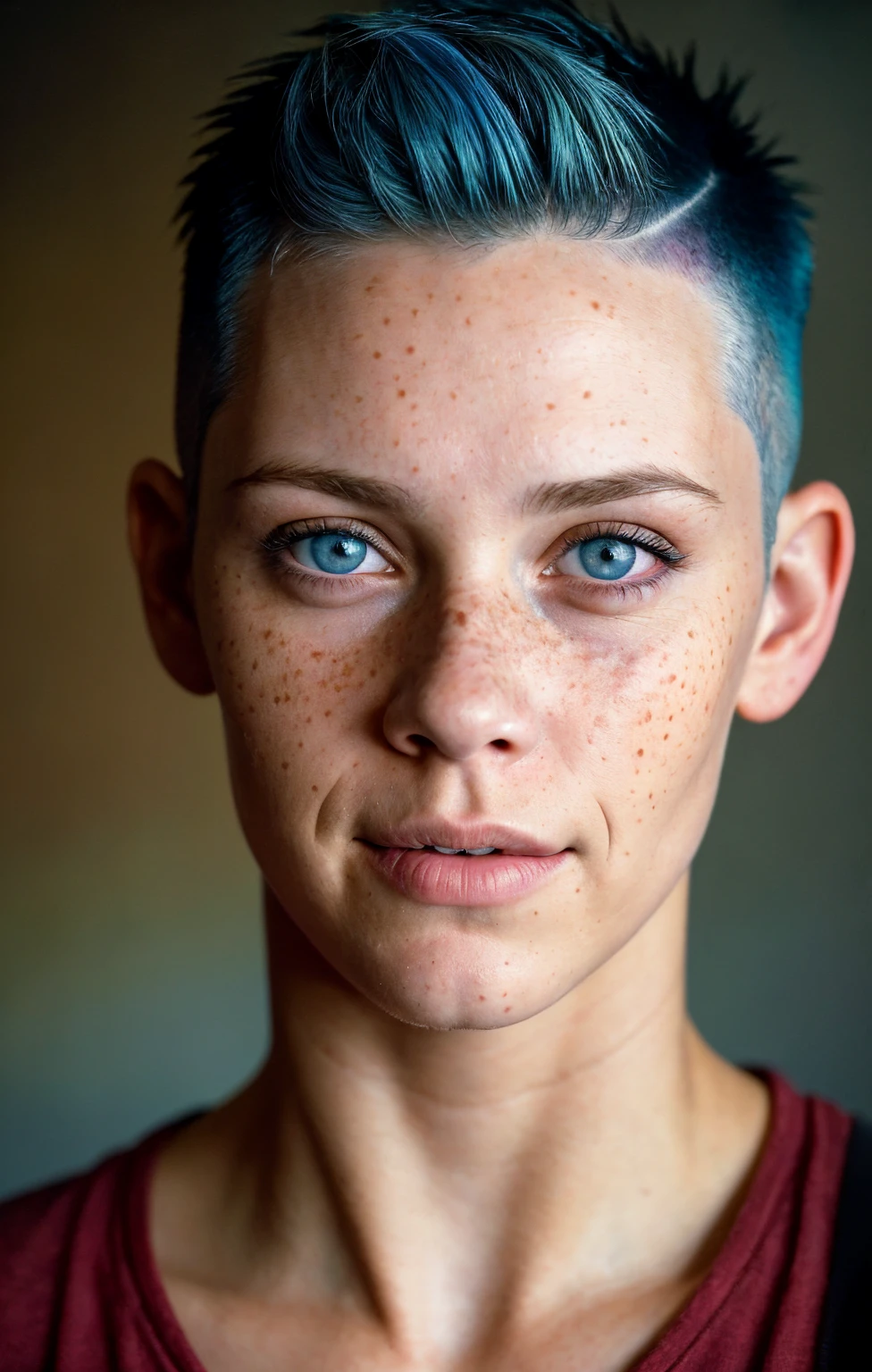 (Close-up, editorial photograph of a 25 year old woman), (highly detailed face:1.4) (smile:0.7) (background inside dark, moody, private study:1.3) POV, by lee jeffries, nikon d850, film stock photograph ,4 kodak portra 400 ,camera f1.6 lens ,rich colors, hyper realistic ,lifelike texture, dramatic lighting , cinestill 800, shaved hair on the sides, Mohawke Haircut, Silly smirk, Blue hair, freckles, Blue Eyes, Punk shirt, Astral Plane, American expressions, American woman, Cyberpunk Scenario