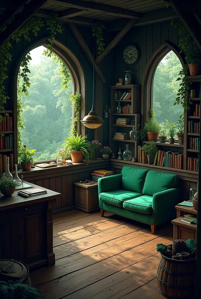The inside of a square hut with purple and right windows. The color scheme is dark brown and dark green. The hut seems mysterious and dark The hut consists of only one room, which looks like a mixture of living room, Workroom and laboratory. Colorful plants stood on the window sills of the two large arched windows. On the wall opposite the door stood a green sofa surrounded by bookshelves. On the left side in front of the window was a large desk made of dark wood, on which some books were scattered. Opposite it stood a kettle and a few shelves with corked glass flasks. The windows are on the left and right wall. All wood is very dark brown and there is no window on the middle wall