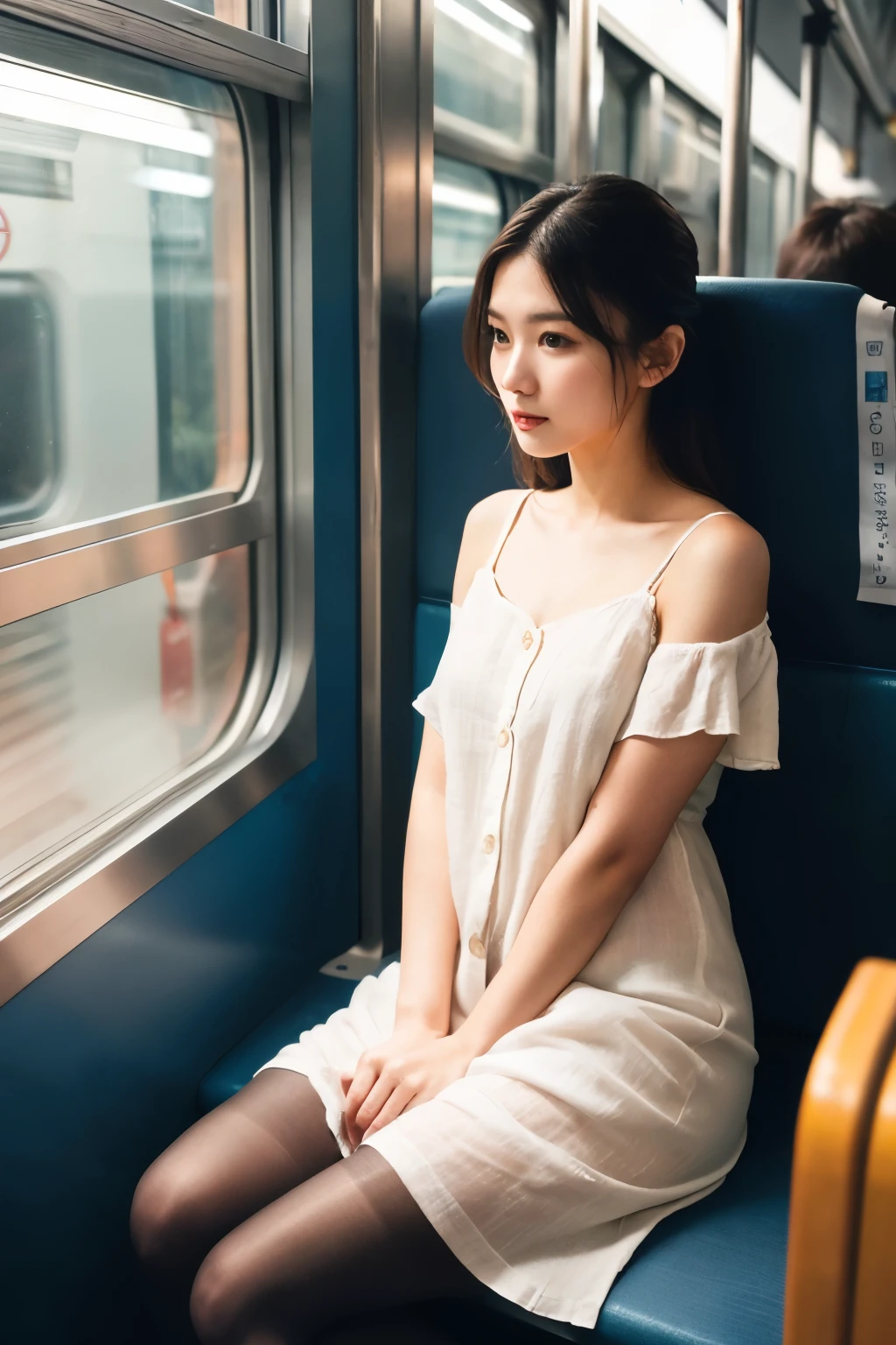 (masterpiece, Highest quality, 8k, RAW Photos, beautifully、beautiful:1.2), Intricate details, indirect lighting, Realistic,
whole body, Sitting on a chair on the train、Gazing at the audience、Voyeur、
Square neck button-down linen sundress, (Ultra-realistic pantyhose)、
Women's training , Chair to sit under skirt,