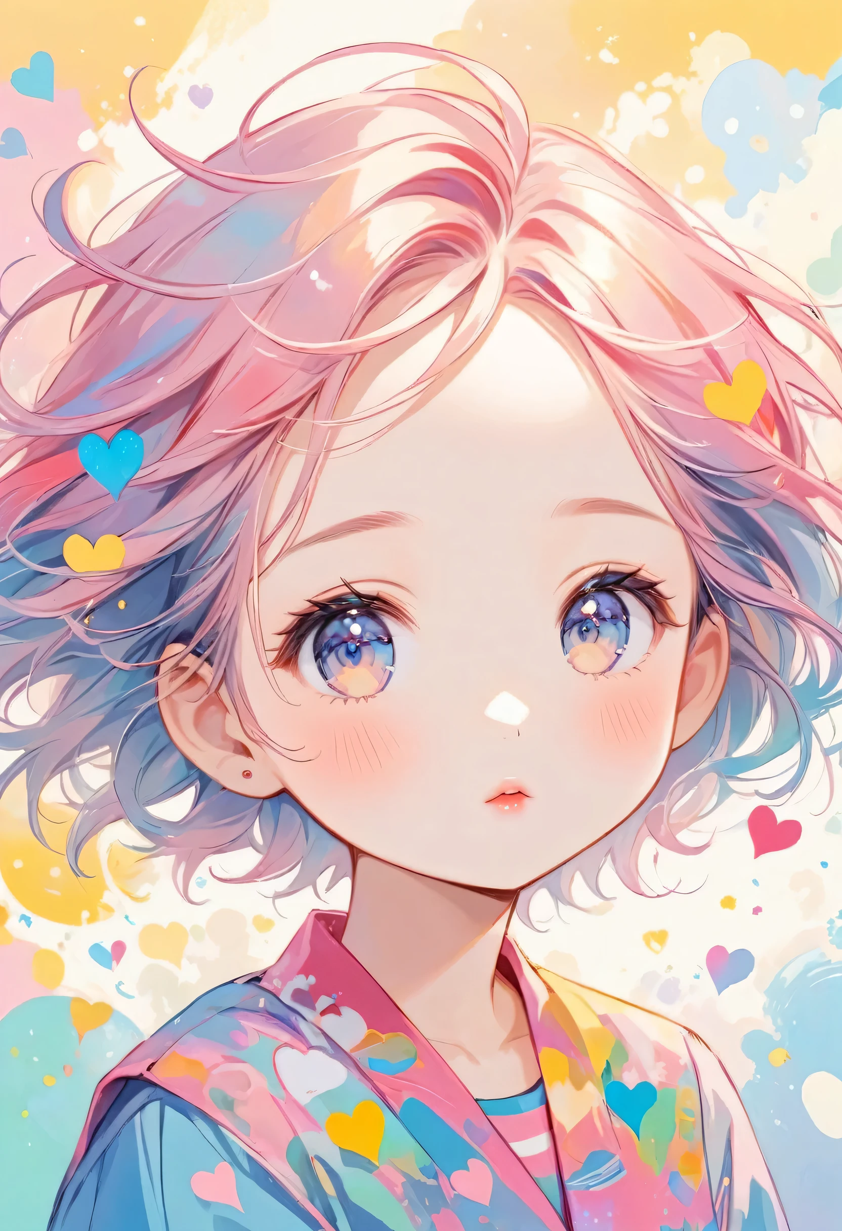 Makoto Shinkai pastel color style, Simple Line Initialism，Abstract art，Urban Background, (((The most beautiful girl of all time))), chibi, Sweet face. Lips in love, colorful hearts, kawaii design