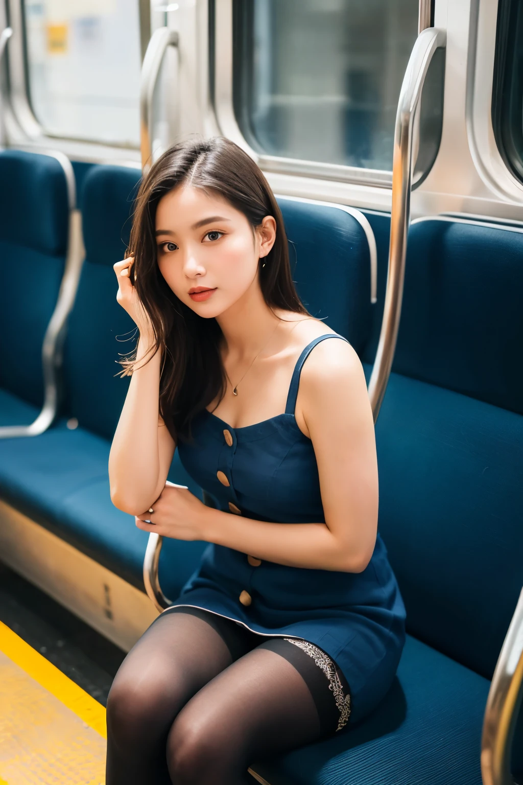 (masterpiece, Highest quality, 8k, RAW Photos, beautifully、beautiful:1.2), Intricate details, indirect lighting, Realistic,
whole body, Sitting on a chair on the train、Gazing at the audience、Voyeur、
Square neck button-down linen sundress, (Ultra-realistic pantyhose)、
Women's training , Chair to sit under skirt,
