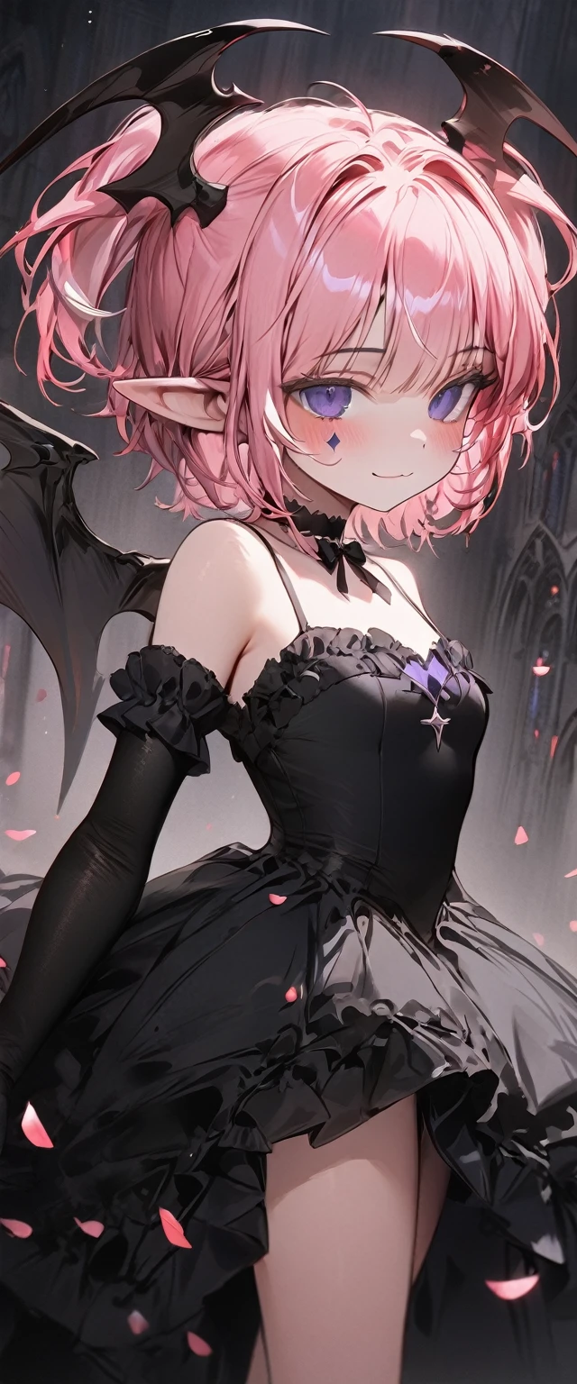 UHD, masterpiece, best quality, extremely detailed, anatomically correct, sharp focus, Midnight, gloomy atmosphere, Church, altar isle, 1girl, solo, camilavtuber, pink hair, short hair, shoulder length hair, (black head wings:1.1), (twin ponytail), PURPLE EYES, PURPLEIRIS, (facial mark), small mouth, closed mouth, smiling, crucifix choker, black arm sleeves, slim arms, black gloves, small chest, 1 devil wing, single wing, ((long black gown)), frilly gown, slim legs, black stockings, (black high heels), (full body) , (close-up), innocent pose, eye-level shot, front view, innocent pose, scattered pink petals