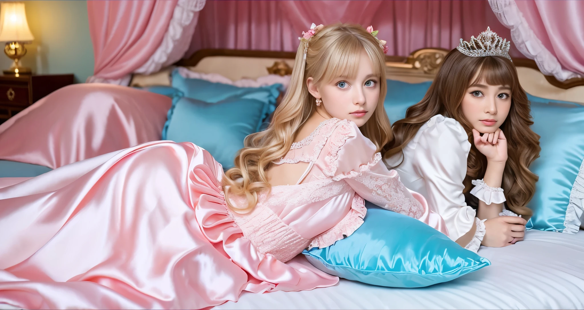 ,highest quality, masterpiece, Highest Resolution, artwork, super それにGet used to it, many Get used to it, Get used to it, それにGet used to it, 3K realistic photos,,((10 year old)),Super detailed baby face,The two girls are princesses,Full-length ball gown dress with hoop skirt,Frilled yoke collar,Puff sleeves,Long sleeve,((ta style hot pink detailed princess satin dress、Lots of frills and ribbons。)),colorful rococo fashion,shiny satin dress,Soft and smooth fabric,luxury,Long blonde hair,blue eyes,white skin european,pajamas,((Inside the palace)),,,(( 10 year old)),Super detailed baby face,Full-length ball gown dress with hoop skirt,Long skirt,Frilled yoke collar,Puff sleeves,腰まで伸びるLong blonde hair,blue eyes,white skin european,pajamas,((Inside the palace bedroom)),シルクサテンのluxuryなCanopy bedの上,Canopy bed,Gorgeous curtains on either side of the bed,There were a lot of frilly pillows on the bed.,Highly detailed background,Detailed bed,Romantic atmosphere,Two little princesses on the bed,((((Her legs are hidden inside the dress)))),The dress is spread out on the bed,Soft silk satin comforter in pastel colors,Pastel colored silk satin bed sheets,Soft silk satin ruffle pillow in pastel colors,Beautiful girl illustration,Beautiful detailed face Detailed hair,Detailed human eye ,Mouth details, Arm details,Beautiful Hands,Detailed pillow,