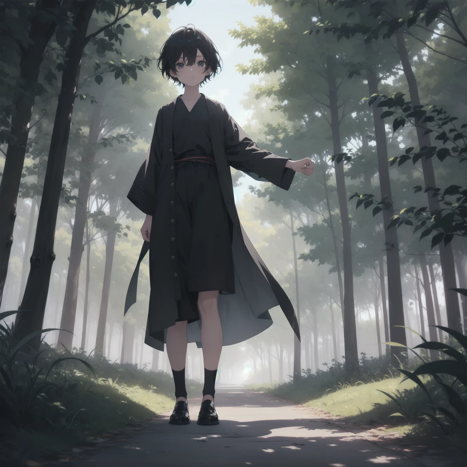 ultra-absurdres-Top quality by artist God, ultra-detailed, high resolution, anime moe artstyle, best anime 8k konachan wallpaper, pixiv contest winner, pool:2810, perfect anatomy,break, 1girl, ninja, (Please draw a ninja girl walking sleepily to forest alone. )break,(Solo,little female, 10-year-old:1.3),Full limbs, complete fingers,(very short hair), short cut, flat chest, thighs, small butt, small black eyes, beautiful detailed eyes, well-proportioned iris and pupils, expressive eyes, highres detailed hair, expressionless,ninja clothes, short kimono, short shorts, scarf, (Detailed Lighting), (Detailed background), night, in the forest. break,super detailed skin, Best cinematic lighting powered by famous artist, 8k,beauty illustration,photoshop_(medium),very aesthetic,break,((artist:shiromanta )), artist:clamp ,artist:carnelian ,artist:kantoku ,