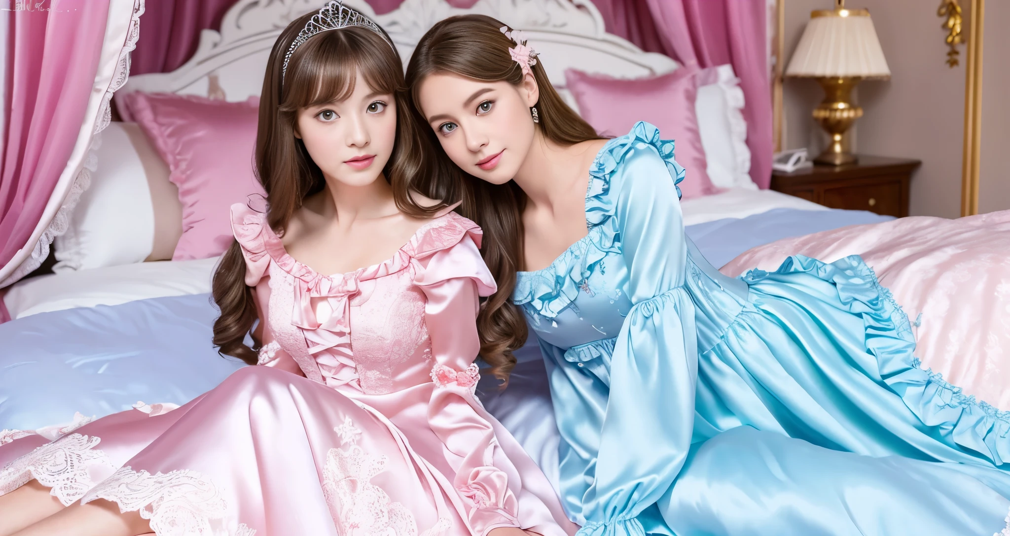 ,highest quality, masterpiece, Highest Resolution, artwork, super それにGet used to it, many Get used to it, Get used to it, それにGet used to it, 3K realistic photos,,((10 year old)),Super detailed baby face,The two girls are princesses,Full-length ball gown dress with hoop skirt,Frilled yoke collar,Puff sleeves,Long sleeve,((****ta style hot pink detailed princess satin dress、Lots of frills and ribbons。)),colorful rococo fashion,shiny satin dress,Soft and smooth fabric,luxury,Long blonde hair,blue eyes,white skin european,pajamas,((Inside the palace)),,,(( 10 year old)),Super detailed baby face,Full-length ball gown dress with hoop skirt,Long skirt,Frilled yoke collar,Puff sleeves,腰まで伸びるLong blonde hair,blue eyes,white skin european,pajamas,((Inside the palace bedroom)),シルクサテンのluxuryなCanopy bedの上,Canopy bed,Gorgeous curtains on either side of the bed,There were a lot of frilly pillows on the bed.,Highly detailed background,Detailed bed,Romantic atmosphere,Two little princesses on the bed,((((Her legs are hidden inside the dress)))),The dress is spread out on the bed,Soft silk satin comforter in pastel colors,Pastel colored silk satin bed sheets,Soft silk satin ruffle pillow in pastel colors,Beautiful girl illustration,Beautiful detailed face Detailed hair,Detailed human eye ,Mouth details, Arm details,Beautiful Hands,Detailed pillow,