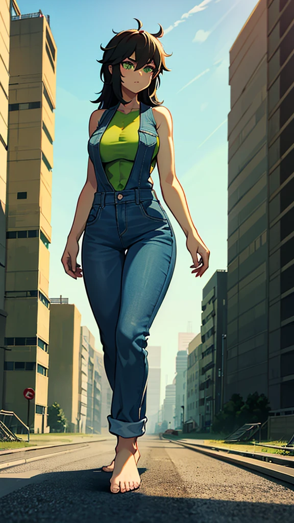 She-Hulk, black hair, green skin, wearing sleeveless blue denim jumpsuit, walking barefoot in a construction site, full body shot. 