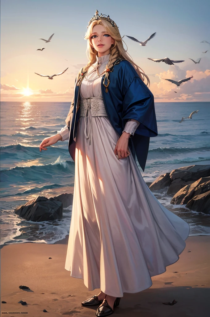 ,((Highest quality))),8k,((masterpiece)),(Very sophisticated and beautiful), Coming out of the sea, The Swan Princess of Russian Mythology, Beautiful calm face, blue eyes, Long blonde hair braided, Moon braid at the back of the head, With a kokoshnik crown on his head、White and shiny old Russian clothing, Loving eyes, Half-laugh, There was a gentle look on his face, Background seascape and sunlight, Seagulls in the sky, full length, realism