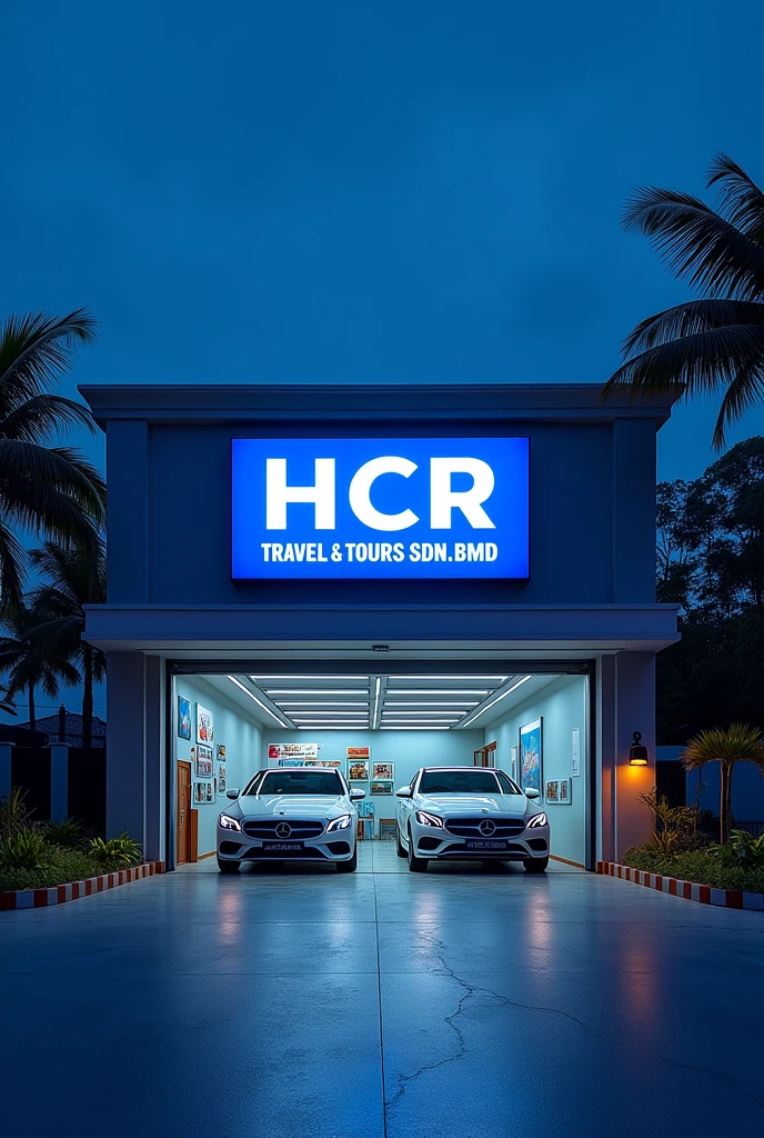 Car garage, with signboard HCR TRAVEL & TOURS SDN.BHD, with blue navy theme, car rental company theme
