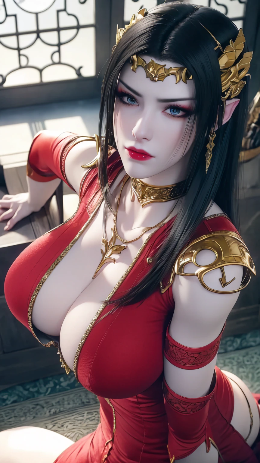 (lifelike, high - resolution:1.3), 1 girl with a perfect body, Super fine face and eyes,slong hair, big boob,Expose cleavage5, lightning, hyper-realistic graphics, most realistic graphics, 1 girl, alone, solo, Extremely sharp, surreal image, sharp eye makeup, meticulous makeup eyelashes, pretty red lips, pursed lips, full body shot, inside the room, naked, undressed, NSFW.