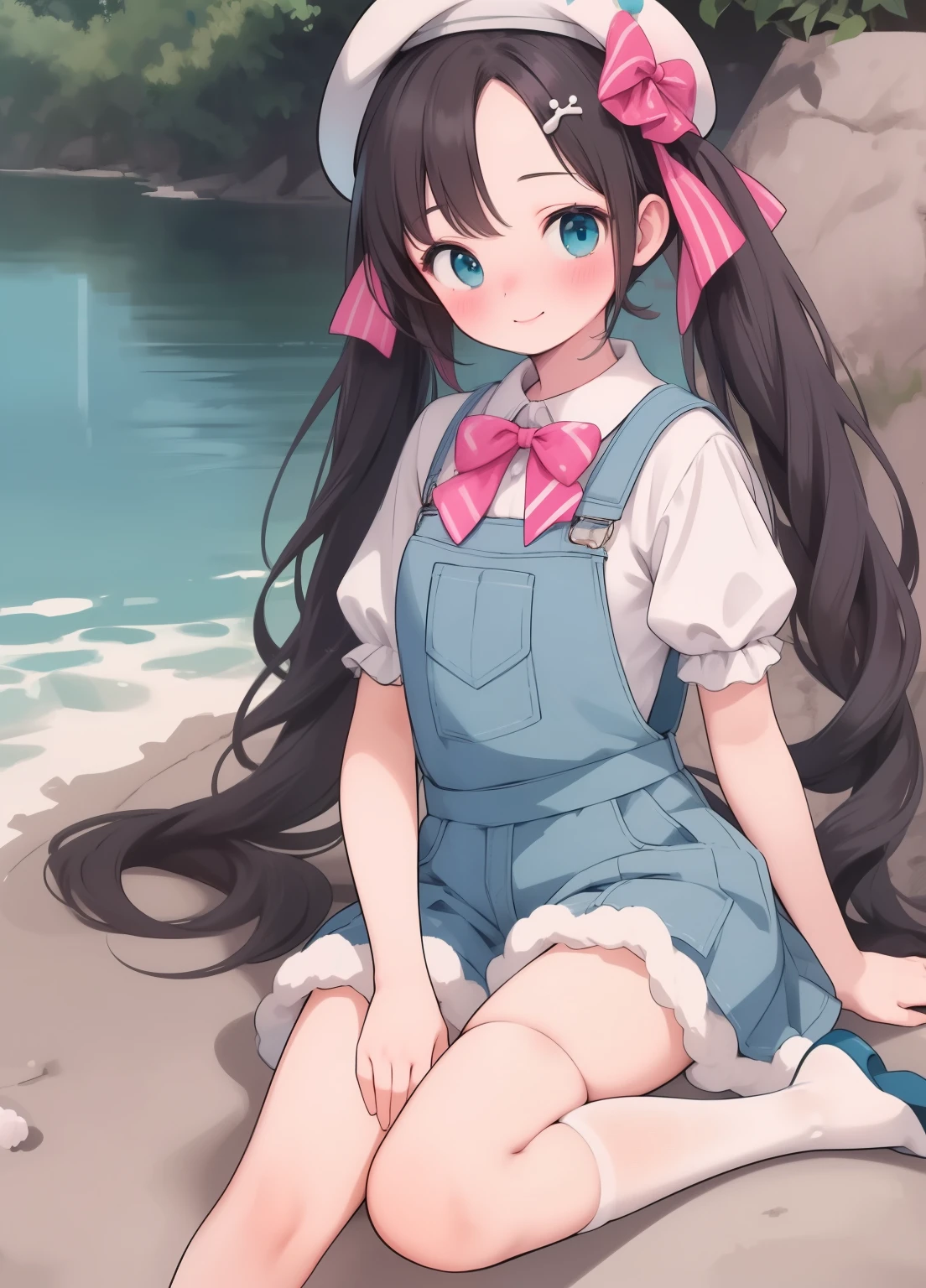(masterpiece、Highest quality、Highest quality、Official Art、Beautiful and beautiful:1.2)、(One girl:1.3)Hatsune Miku、Twin tails,Beautiful breasts, Katsushika Hokusai,One girl, Highest quality, Perfect hands, 黒いrabbit's耳, 長いrabbit's耳, rabbit's, smile, Black Hair, Cyan striped hair, Cyan inner hair, Very long hair, Twin tails, Red hair ribbon, Cyan eyes, White shirt, Overalls, Blue Skirt, Very short skirt, puffy short sleeve, White Beret, blush, hair ornaments, White knee socks, White garter strap, (White Beret:1.5)