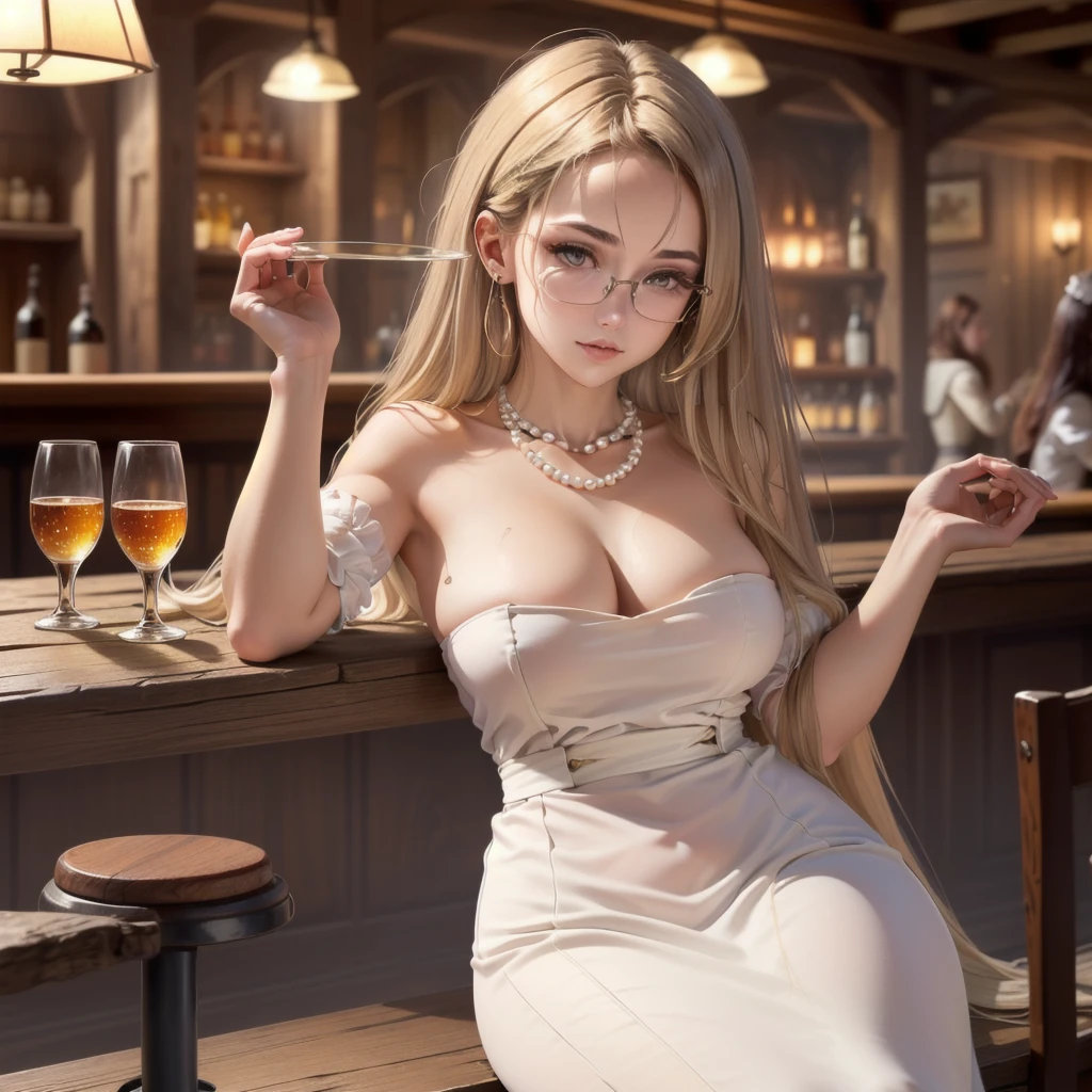 masterpiece, (improve quality 1.2) ( Detailed facial features 1.1), ((8K wallpaper)), (beautiful woman and white skin 1.3), ((1 girl sleep at a table in a medieval-style bar)), (with a dim and warm lighting 1.2), (eyes the color of honey), (( slim body 1.2), ((dressed as a medieval maid)), with a pearl necklace around her neck, ( long light brown straight hair 1.2), with several empty wooden glasses on the table.