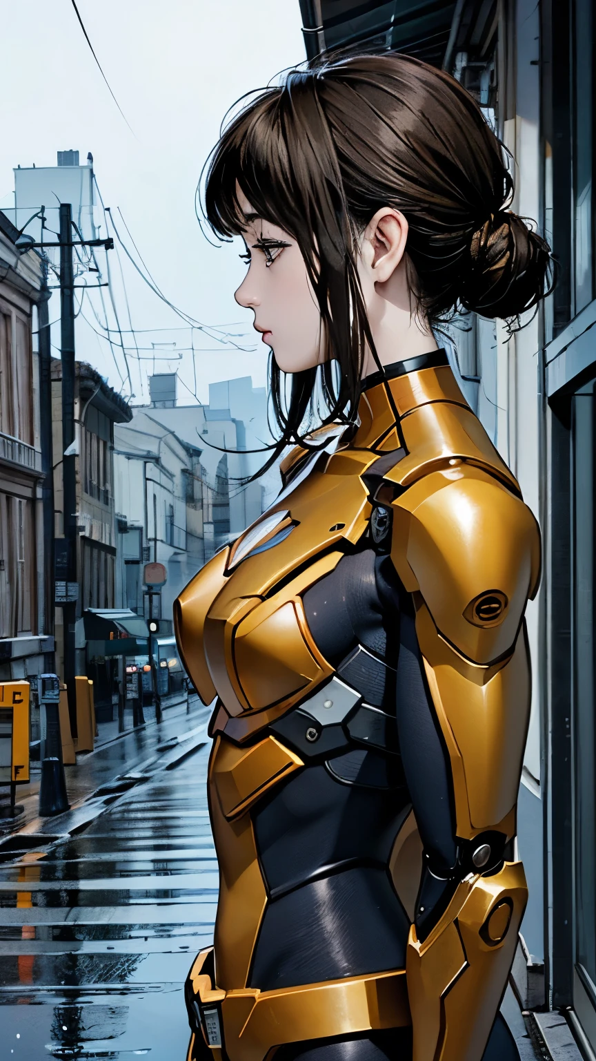 flash、woman、22 years old、woman体型、profile、Moderate bust、Upper Body、blonde、Mechanical Suit、Highest quality、Masterpiece、scenery、City、rain。