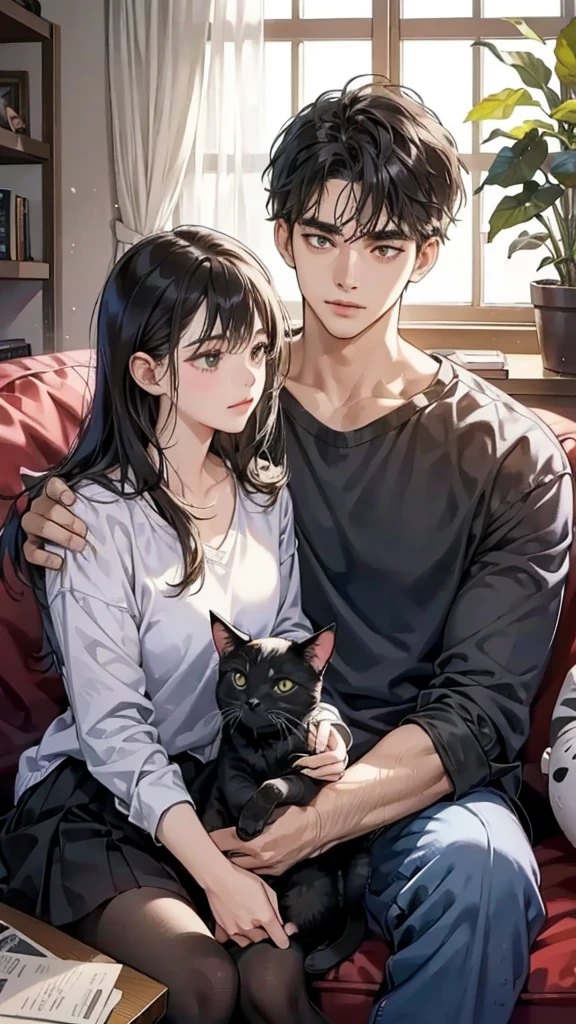 college student couple, Carrying a cat, Sit on the sofa, Black Cat, living room,ถูกต้องตามกายวิภาคศาสตร์,