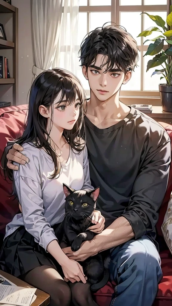 college student couple, Carrying a cat, Sit on the sofa, Black Cat, living room,ถูกต้องตามกายวิภาคศาสตร์, 