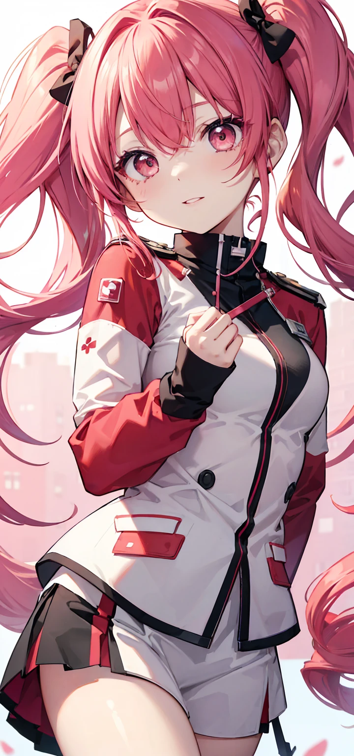Kasane Teto、Red Hair、cute、Bright expression、Looking at me、Drill-like twin tails、Round eyes、31 years old、Pink lipstick、White military uniform
