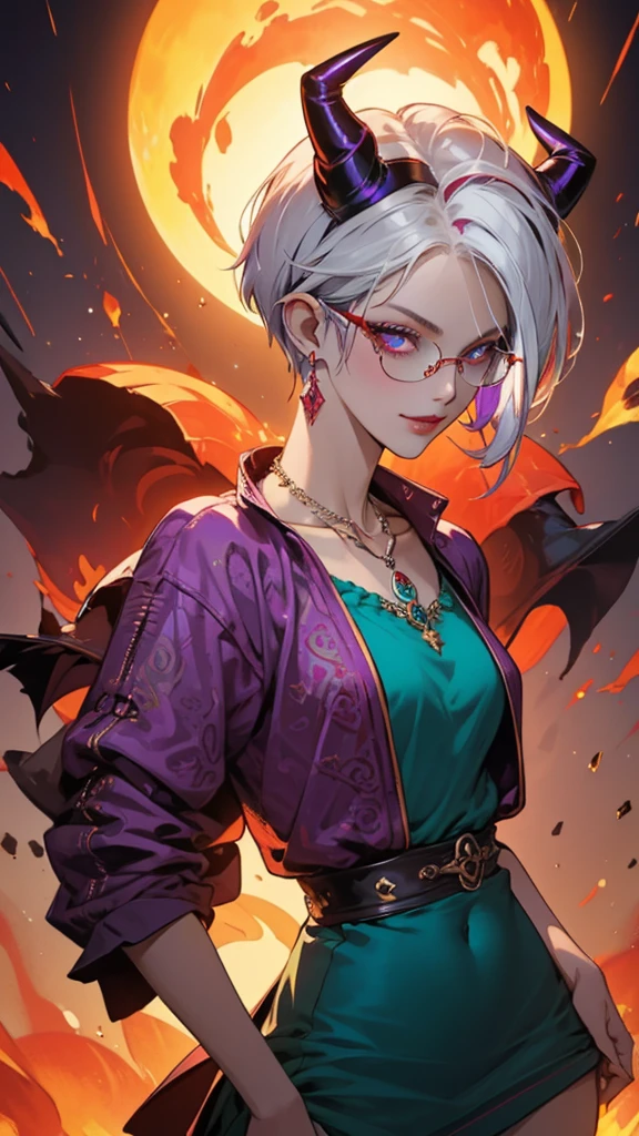 8k, masterpiece, best quality, highly detailed, 1 girl, tiefling, warlock, pixie cut, multicolored hair, very short straight hair red highlight hair on white hair, strippled hair, wearing glasses, round glasses, earrings, navel piercing, red eyeshadow, long eyelashes, blushed cheek, red lips, pearl necklace, rings, collarbone, mole on face, glamorous, teal and purple clothes, miniskirt, smirk, close up view, rings, looking at viewer, demon horns, solo, blood red moon, standing, royal dress, chains, firing fire blast