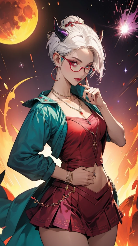 8k, masterpiece, best quality, highly detailed, 1 girl, tiefling, warlock, pixie cut, multicolored hair, very short straight hair red highlight hair on white hair, strippled hair, wearing glasses, round glasses, earrings, navel piercing, red eyeshadow, long eyelashes, blushed cheek, red lips, pearl necklace, rings, collarbone, mole on face, glamorous, teal and purple clothes, miniskirt, smirk, close up view, rings, looking at viewer, demon horns, solo, blood red moon, standing, royal dress, chains, firing fire blast