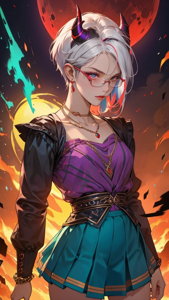 8k, masterpiece, best quality, highly detailed, 1 girl, tiefling, warlock, pixie cut, multicolored hair, very short straight hair red highlight hair on white hair, strippled hair, wearing glasses, round glasses, earrings, navel piercing, red eyeshadow, long eyelashes, blushed cheek, red lips, pearl necklace, rings, collarbone, mole on face, glamorous, teal and purple clothes, miniskirt, smirk, close up view, rings, looking at viewer, demon horns, solo, blood red moon, standing, royal dress, chains, firing fire blast