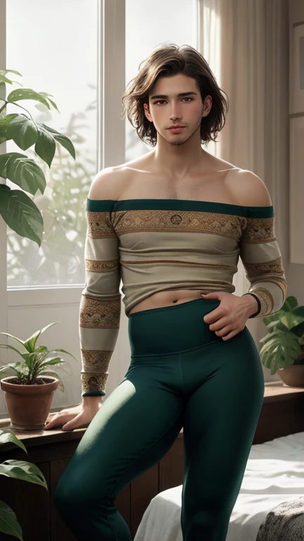 (photorealism:1.2), young man, sitting on bed, wearing loose off-shoulder top, pajama pants, very short spikey boyish hair, indoors, soft lighting, plants in background, window with sunlight, cozy room, relaxed pose, realistic, intricate details, warm colors, by Greg Rutkowski, by Alphonse Mucha, wide hips , long legs, thick thighs, large feminine hips, thin and narrow weist, leggings , hot man
