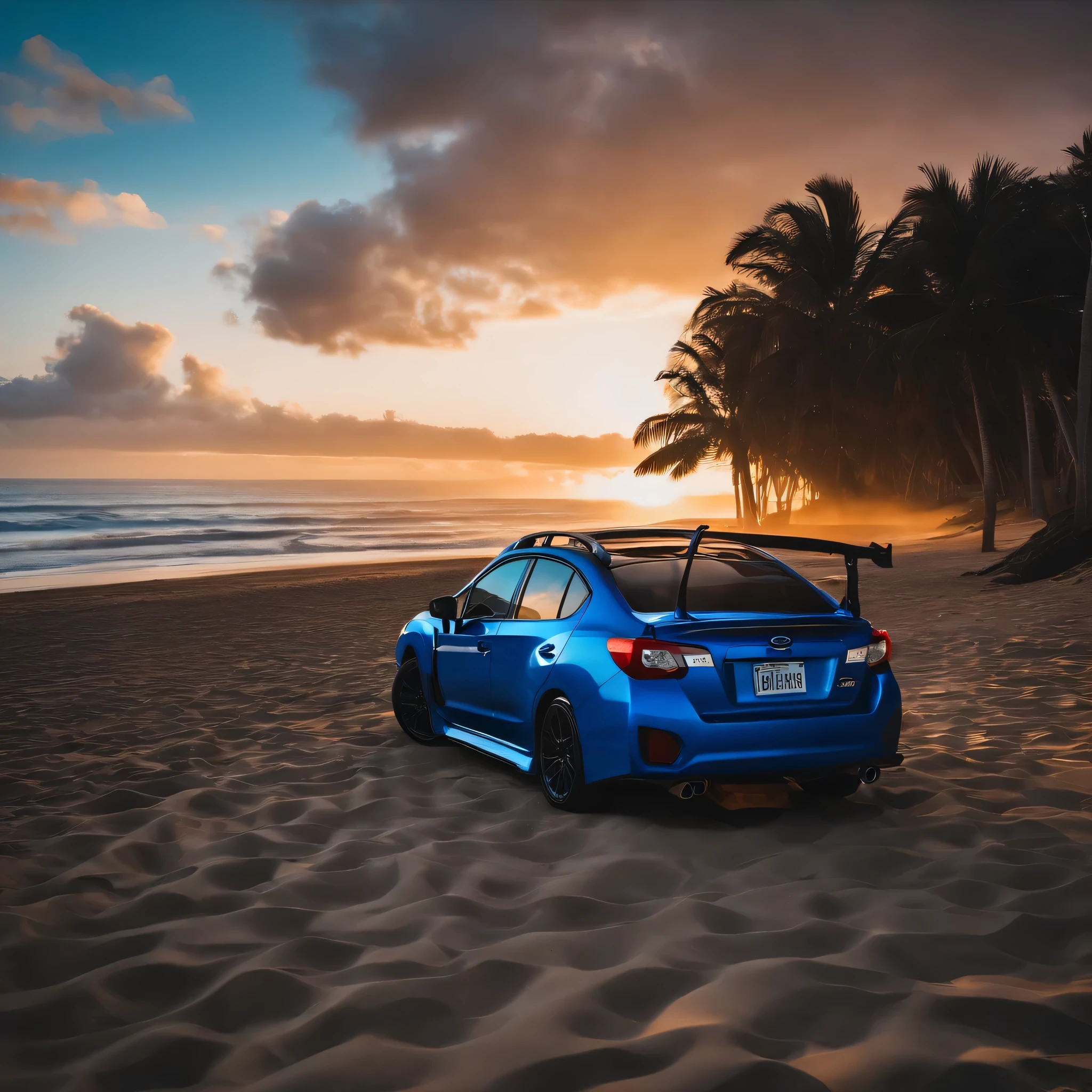 A blue subaru impreza in a beach sunset 8k HD futuristic