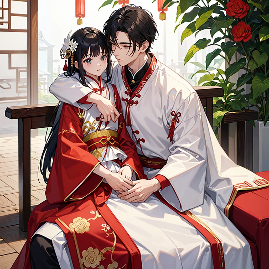 a handsome young man with a good face and a gentle face, wearing a white ancient Chinese costume, sitting on a chair, hugging his little sister, who is 1year old, black hair, in a red Chinese new year costume, in the morning, there is sunlight shining in the front yard garden.