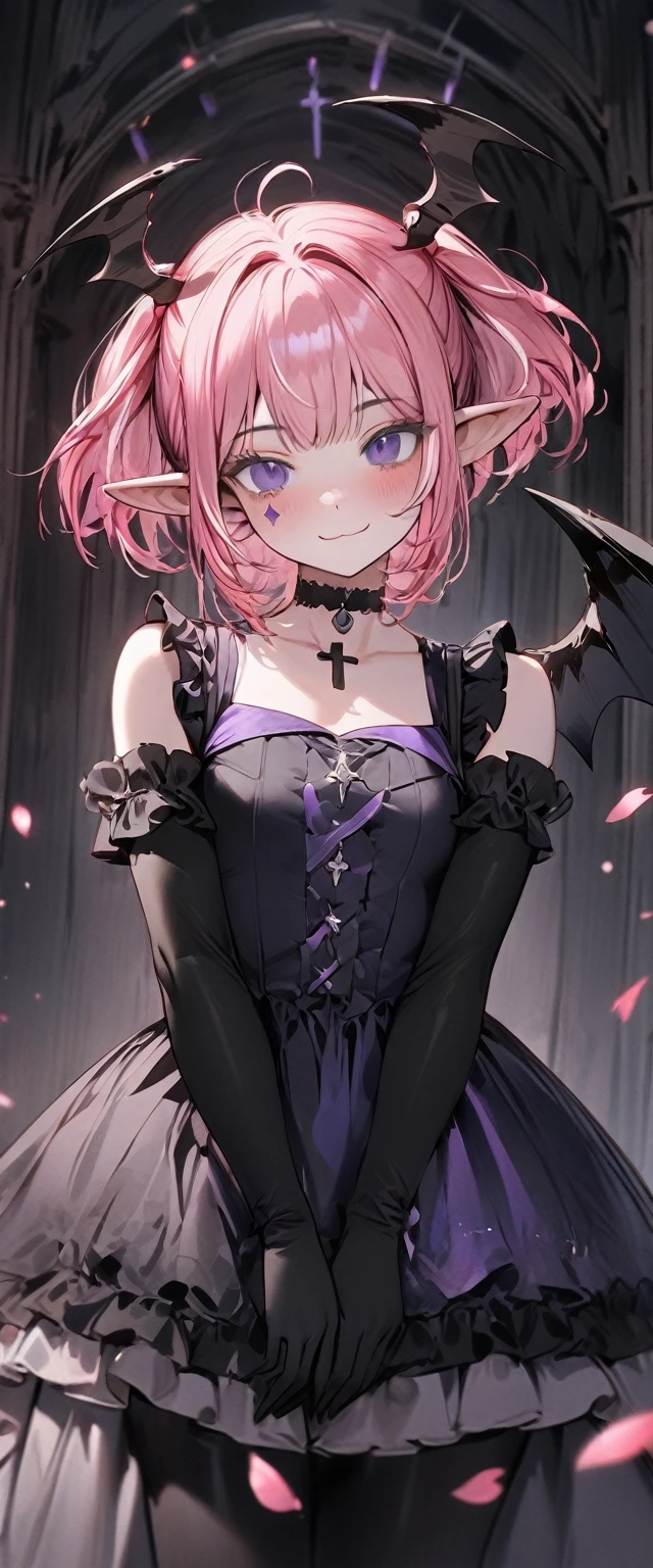 UHD, masterpiece, best quality, extremely detailed, anatomically correct, sharp focus, Midnight, gloomy atmosphere, Church, altar isle, 1girl, solo, camilavtuber, pink hair, short hair, shoulder length hair, (black head wings:1.1), (twin ponytail), PURPLE EYES, PURPLEIRIS, (facial mark), small mouth, closed mouth, smiling, crucifix choker, black arm sleeves, slim arms, black gloves, small chest, 1 devil wing, single wing, ((long bred gown)), frilly gown, slim legs, black stockings, (black high heels), (full body) , (close-up), innocent pose, eye-level shot, front view, innocent pose, scattered pink petals