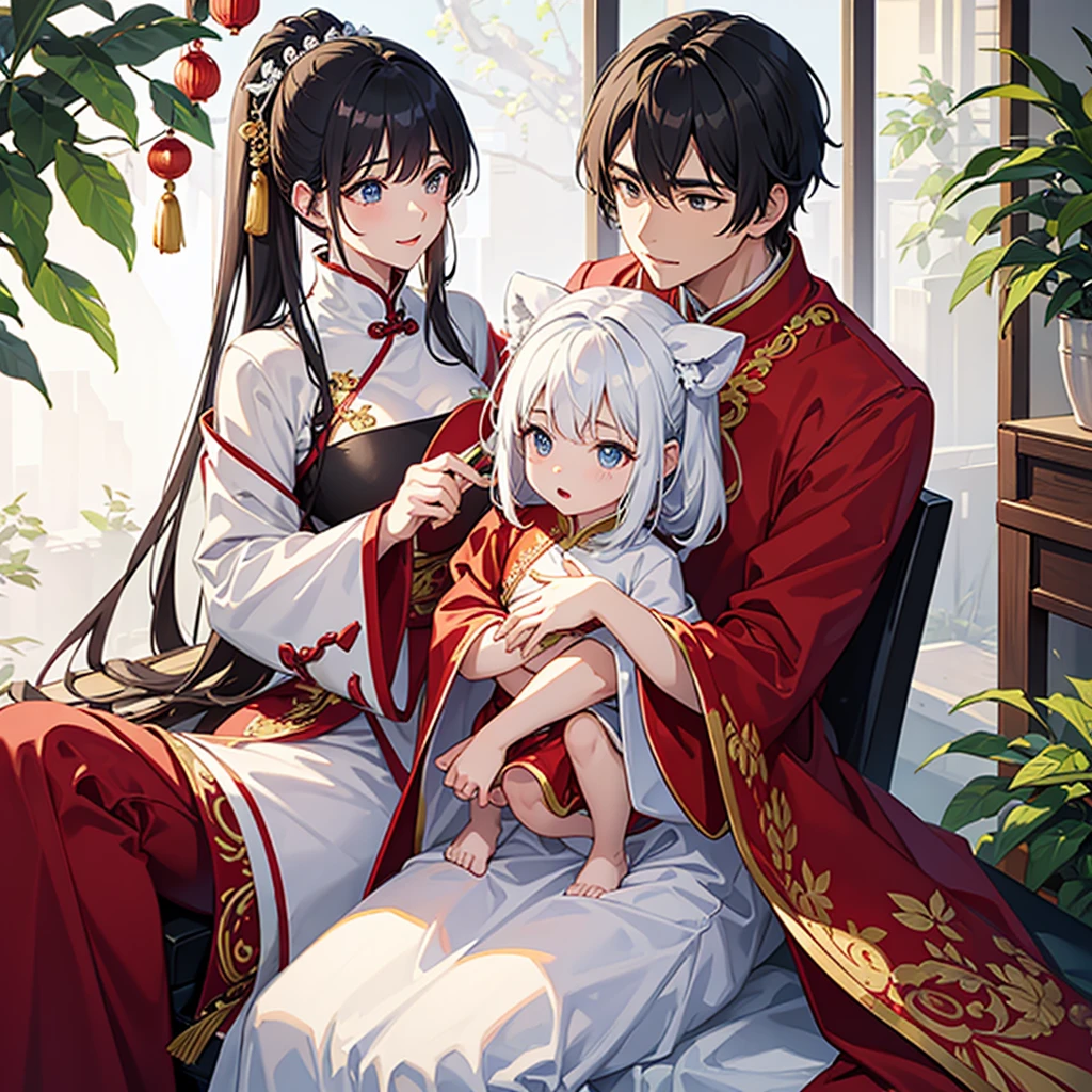 a handsome young man with a good face and a gentle face, wearing a white ancient Chinese costume, sitting on a chair, hugging his little sister, who is 1year old, black hair, in a red Chinese new year costume, in the morning, there is sunlight shining in the front yard garden.