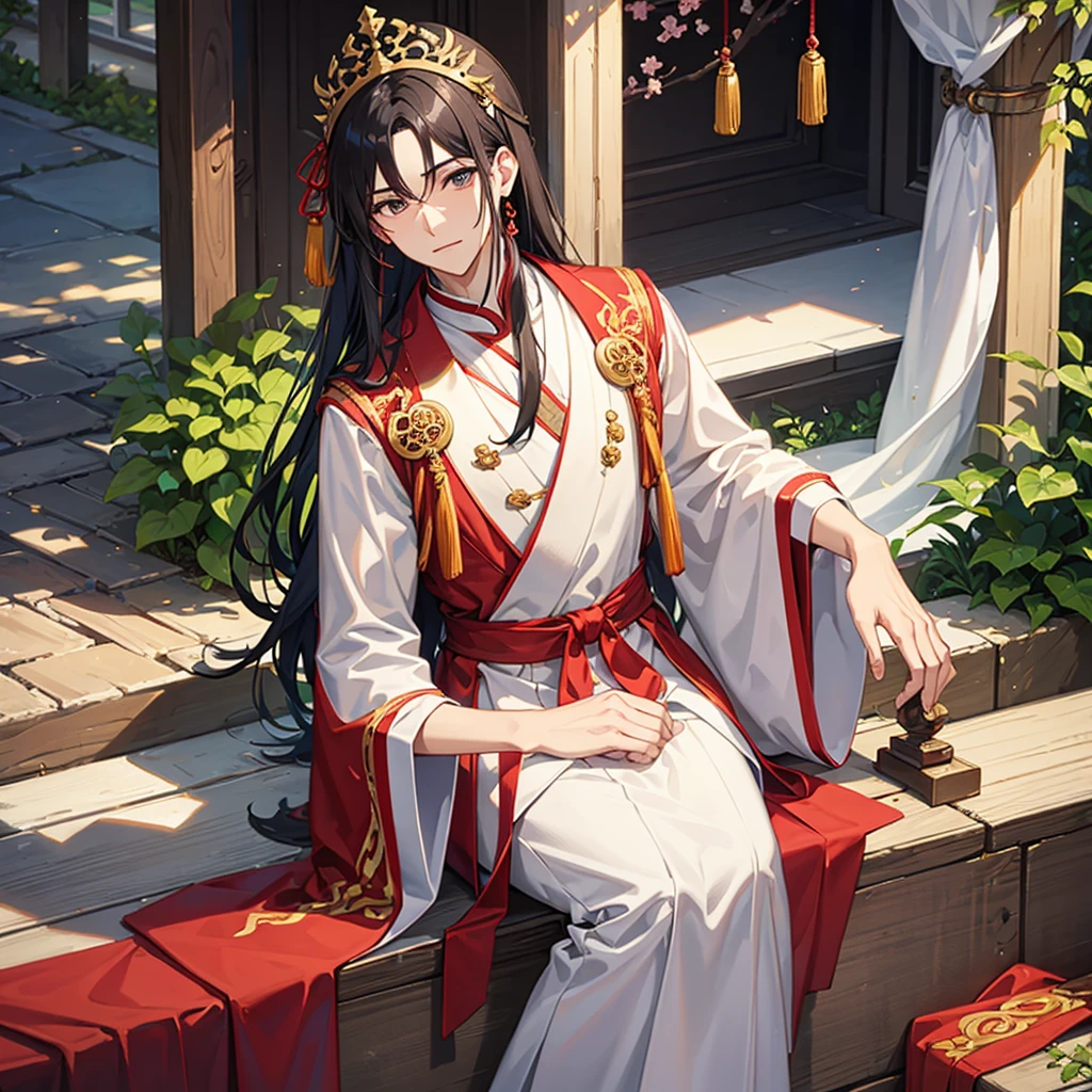 a handsome young man with a good face and a gentle face, wearing a white ancient Chinese costume, sitting on a chair, hugging his little sister, who is 1year old, black hair, in a red Chinese new year costume, in the morning, there is sunlight shining in the front yard garden.