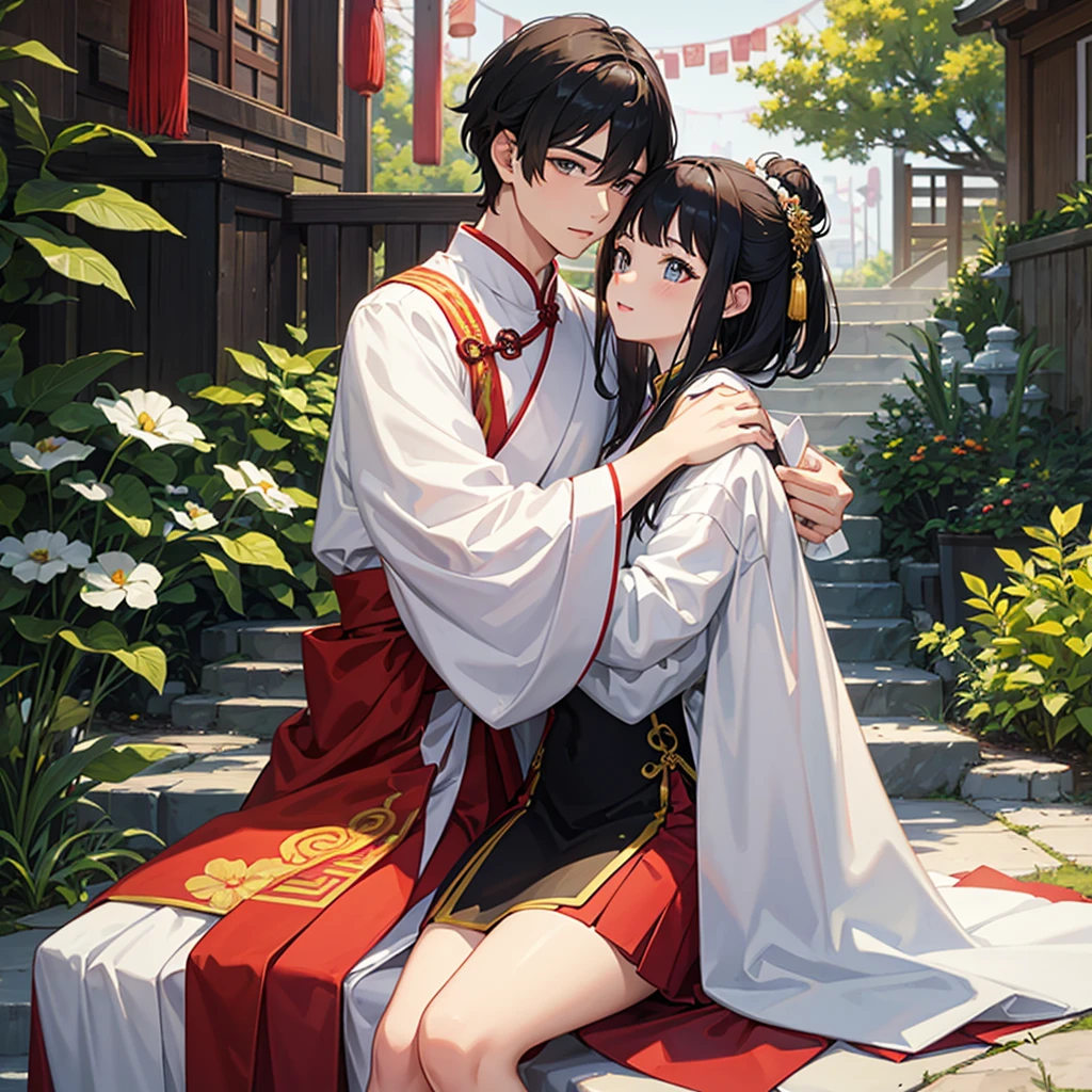 a handsome young man with a good face and a gentle face, wearing a white ancient Chinese costume, sitting on a chair, hugging his little sister, who is 1year old, black hair, in a red Chinese new year costume, in the morning, there is sunlight shining in the front yard garden.