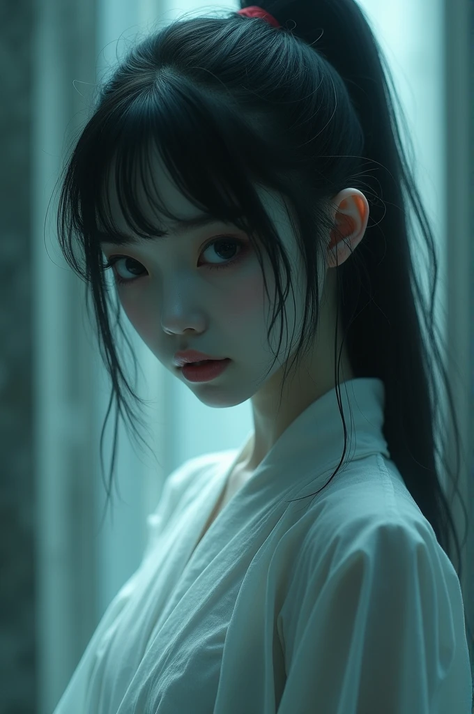 The Chinese ethnic kuntilanak ghost has the body shape of a ager with bright white skin, narrow black eyes, a high nose and a beautiful face like a girl from the Kyoto area, Japan., with ponytail hair and bangs curtain hair Korean style.