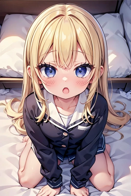 One person!!、Baby Face、((Ahegao))、、human、、Long Hair、Blonde!、With bangs、small、1st grade elementary school students、Big eyes、barefoot、black eye、cute、Are thin、凄くsmall胸、身長のsmall、体のsmall、Short legs、On all fours、pajamas、Night view、Bedroom、bed、Bare Skin、Show your face、((Lying down))、Get closer to the camera、(Top View:1.6)、
