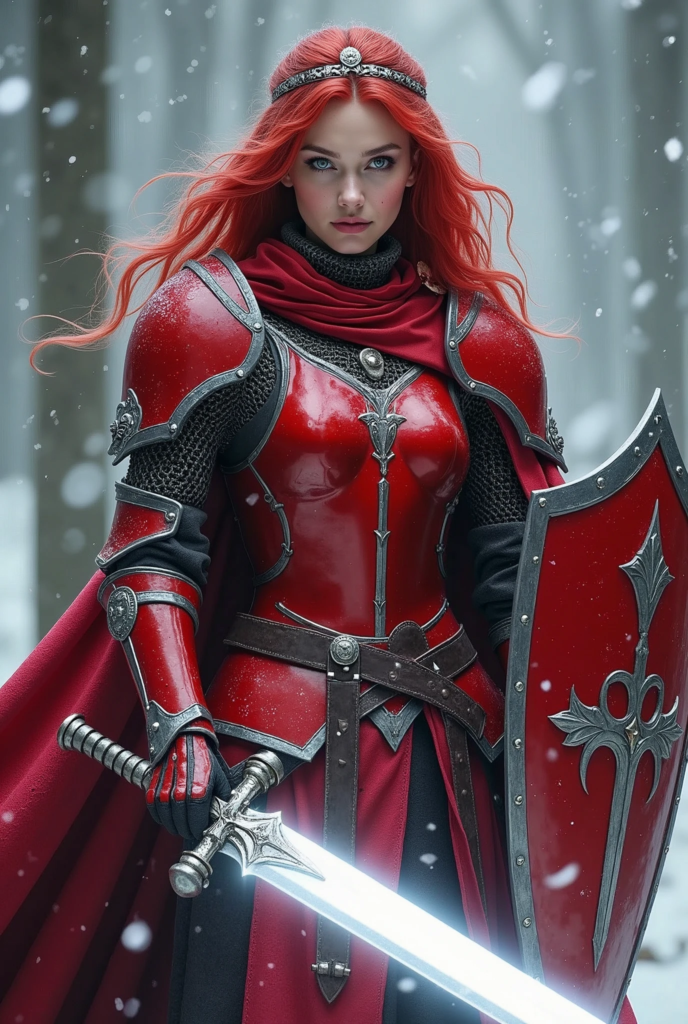 ((portrait, upper torso, armored female paladin, battle worn gloss red lacquered perfectchainmail armor:1.4, alabaster cloak, (((((big tits, huge breasts, large chest))), very long wavy [bright red hair:blonde hair:0.8]))), clear green eyes, blackout eyeshadow, iron circlet), glowing radiant white star engraved sword, shield, sparks, windy, outdoor frozen snow snowy forest, dynamic battle pose
