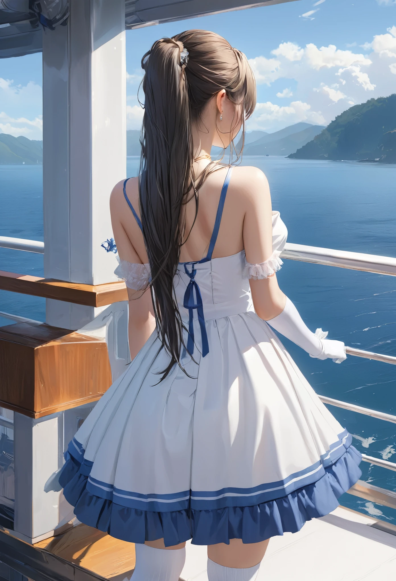 ((Highest quality)), ((masterpiece)), ((One person)), alone, ferry, ((Long Hair)), ferryBase, ((Knee socks)), Exposing shoulders, ((jewelry)), ((No sleeve)), White Dress, Blue Skirt, ((gloves)), Up to the thighs, From behind.