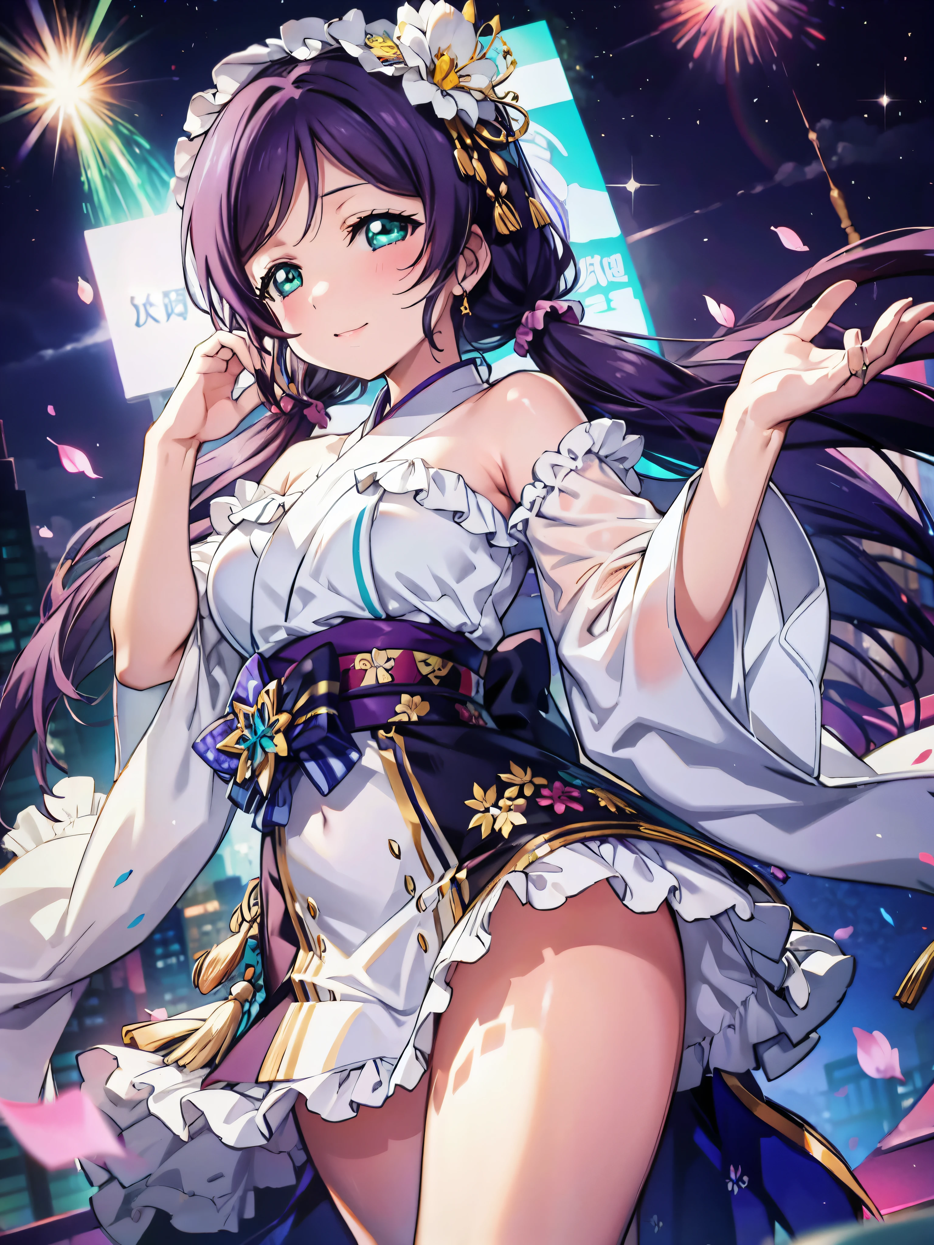((ultra detailed, exquisite quality, absolutely resolution)), (Sparkling, Shine:1.2), (in love live! style:1.3), idle girl, Nozomi Tojo, hair deep purple hair, low twintails hair, large breasts, high school girl(H Cup), Beautiful Hair, Very colorful, colorful, Beautiful and delicate face and hair, Perfect body, (((Complete Hand))), Kimono dress, race, fold, Frills, Stocking Ring Fin Shoes, Gloves with frills, Seductive pose, Embarrassed expression, super detailed skin, super delicate beautiful face, kawaii face, very kawaii face, kawaii smile, realistic, ((A luxurious live stage, Colorful lights)), night, dutch angle,