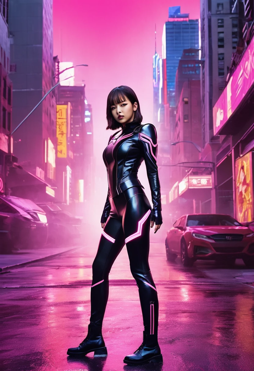 Create an image of Lisa from BLACKPINK reimagined as a Marvel superhero. She should be wearing a sleek, futuristic superhero suit, combining elements of black and pink with metallic accents. Her outfit should have a modern, high-tech look with armor-like details, glowing energy lines, and a dynamic cape. Lisa is posed mid-action, perhaps ready to unleash a powerful energy attack or flying through the air, with a confident and fierce expression. The background features a cityscape at night, with neon lights and a subtle hint of chaos, emphasizing the dramatic and heroic atmosphere. The overall style should reflect Marvel's iconic comic book art, with bold colors, dynamic lines, and a sense of movement