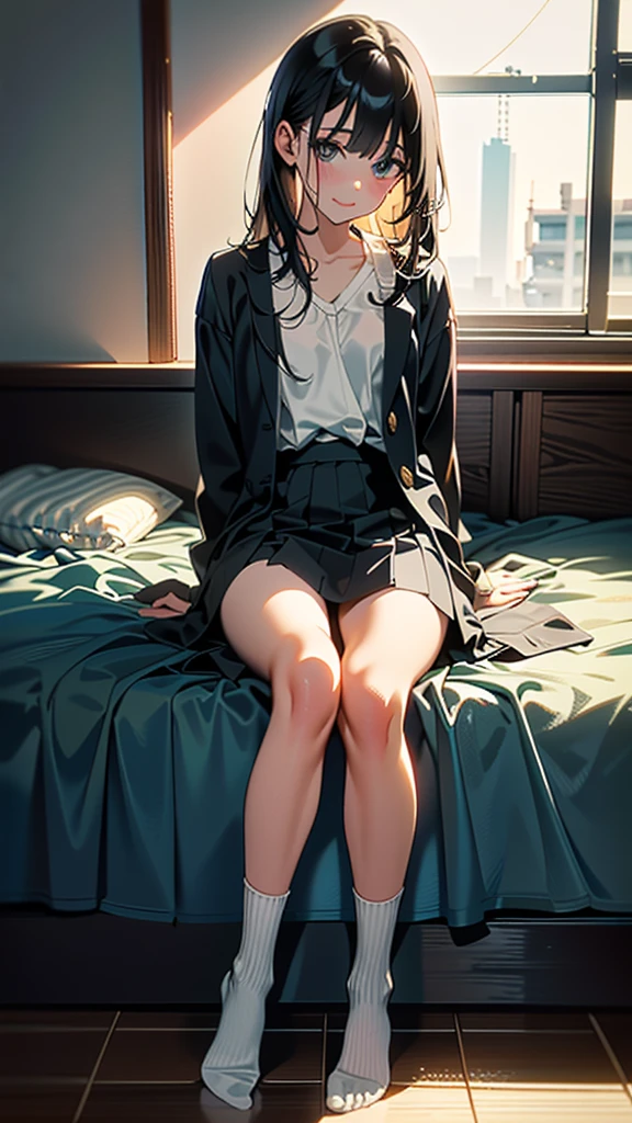 (8k, RAW Photos, 最high quality, masterpiece:1.2), high qualityのRAWカラー写真, Professional photo shoot, Cinematic Light, night、Late night、alone, (((young woman, Gal))), (Sharp features), (Small face), (Skin with attention to detail:1.2), clavicle, Cute Face, Beautiful appearance, Long eyelashes,Girl Turning Around, smile, (Black Hair, Long straight line), high school student, Open shirt, White shirt,Roll up your sleeves、bracelet ((The lower half is naked)), bedroom, Embarrassing, sad, Artistic painting,Attractive thighs, White socks、(Very nice touch:1.2), (Watery eye), sad雰囲気, Oil painting style, Dark colors, (No shoes )(((Focus on the crotch))), Smooth texture, Gazing Eyes, Beautiful Skin, Glowing Skin, ((Perfect Fingers, Five Fingers, Anatomically correct)), Background Blur, high quality, Surreal, ((Very detailed, photo shoot)),,View from below、blush、、Embarrassing、Full Body Shot、Embarrassing、blush、Put your hands on the ground、(視聴者にpubic hairの生えたマンコ見せてください),((Sit with your right knee upright))、Disheveled Hair、Facial expression after sex、Sweaty、I can see the pussy、Leg spread、pubic hair、