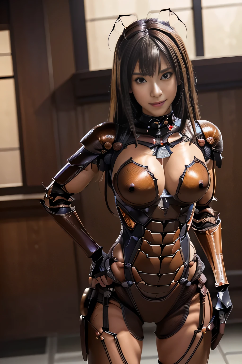 (high resolution,masterpiece,best quality,extremely detailed CG, anime, official art:1.4), realistic, photo, amazing fine details, all intricate, gloss and shiny,awesome many layers, 8k wall paper, 3d, sketch, kawaii, illustration,( solo:1.4), perfect female proportion,villainess, (fusion of dark brown cockroach and lady:1.4), (brown cockroach form lady:1.2), (brown cockroach lady:1.2), (fusion:1.2), (solo:1.4), (evil smile:1.2), muscular, abs, (cockroach brown exoskeleton bio insect suit:1.4), (cockroach brown exoskeleton bio insect armor:1.2), (brown transparency cockroach wing:1.4), (brown cockroach antennae:1.3),
