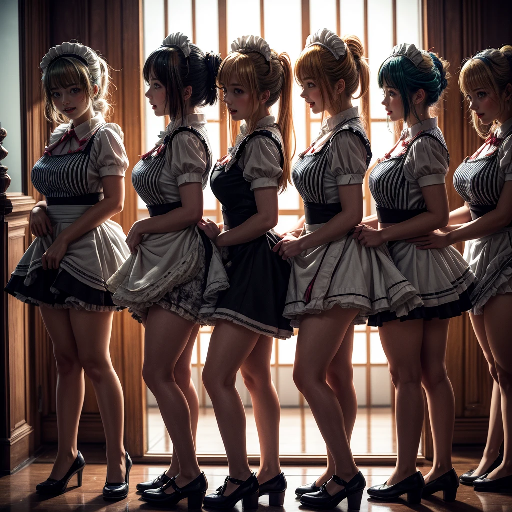 (Fisheye Lens Full Body wide Shot), (Extremely Detailed((Kawaii Maid Group in a row:1.37))), Childish perfect face, Reflective Eyes, Detailed(Delicate Clothing textures), Dynamic Joyful Expressions LifeLike Rendering, (Specular Reflection:1.2), TopQuality 8K Ultra-detailed masterpiece (ProfessionalPhoto:1.37), (Acutance:0.8), (Luminism:1.28), (Renaissance art style), (Colorful Light particles:0.75), ((Full body from side)), {mini(SkirtLift)|Kissing|Hugging|Undressing}, Radiant Fine Skin with Transparency, (Exposed:0.5), (Different Types of Anime Hair Color Variations:1.6), Perfect Lighting 