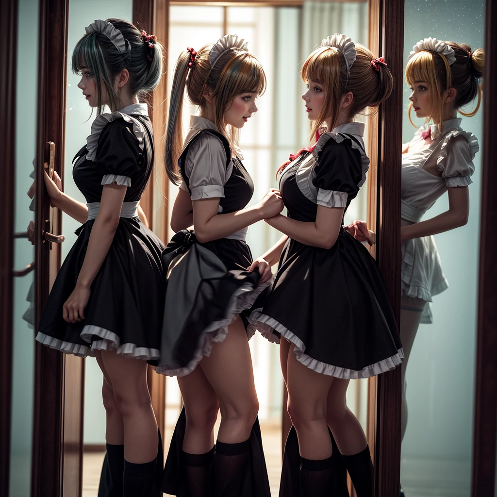 (Fisheye Lens Full Body wide Shot), (Extremely Detailed((Kawaii Maid Group in a row:1.37))), Childish perfect face, Reflective Eyes, Detailed(Delicate Clothing textures), Dynamic Joyful Expressions LifeLike Rendering, (Specular Reflection:1.2), TopQuality 8K Ultra-detailed masterpiece (ProfessionalPhoto:1.37), (Acutance:0.8), (Luminism:1.28), (Renaissance art style), (Colorful Light particles:0.75), ((Full body from side)), {mini(SkirtLift)|Kissing|Hugging|Undressing}, Radiant Fine Skin with Transparency, (Exposed:0.5), (Different Types of Anime Hair Color Variations:1.6), Perfect Lighting