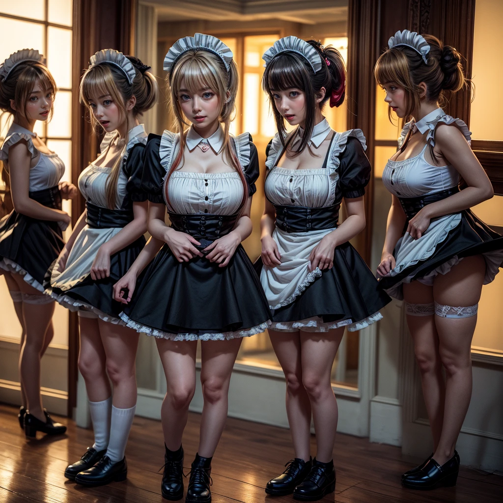 (Fisheye Lens Full Body wide Shot), (Extremely Detailed((Kawaii Maid Group in a row:1.37))), Childish perfect face, Reflective Eyes, Detailed(Delicate Clothing textures), Dynamic Joyful Expressions LifeLike Rendering, (Specular Reflection:1.2), TopQuality 8K Ultra-detailed masterpiece (ProfessionalPhoto:1.37), (Acutance:0.8), (Luminism:1.28), (Renaissance art style), (Colorful Light particles:0.75), ((Full body from side)), {mini(SkirtLift)|Kissing|Hugging|Undressing}, Radiant Fine Skin with Transparency, (Exposed:0.5), (Different Types of Anime Hair Color Variations:1.6), Perfect Lighting