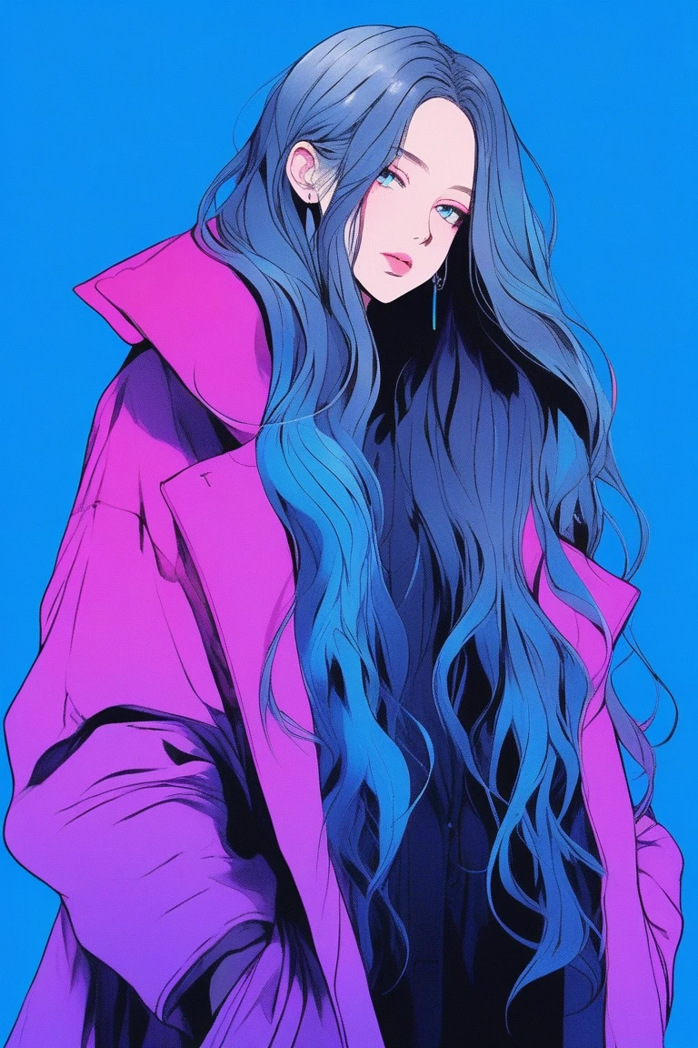 Illustrator, anime , Realistic ,sketch , 1 person, ,lip, Long coat, ((whole body)), order, Blue gradient background, Neon Long Hair,Texture Trim, Canadian, (masterpiece,Highest quality) Cancer