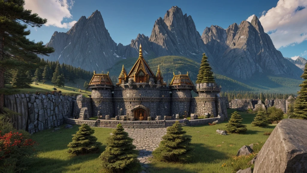 dwarven stronghold built into a granite face of a mountain, (with dwarves fighting orcs), distant overview
