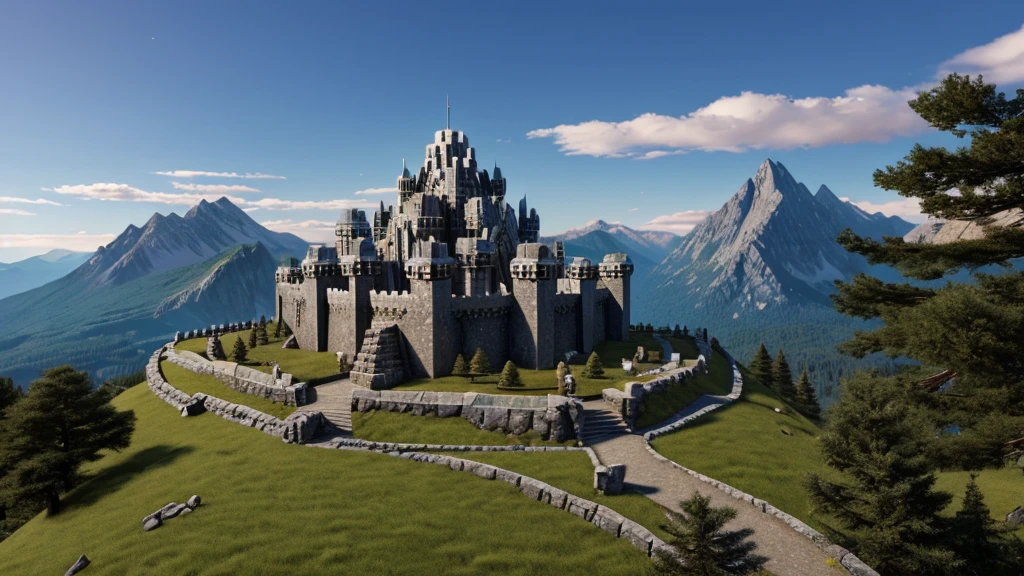 dwarven stronghold built into a granite face of a mountain, (with dwarves fighting orcs), distant overview