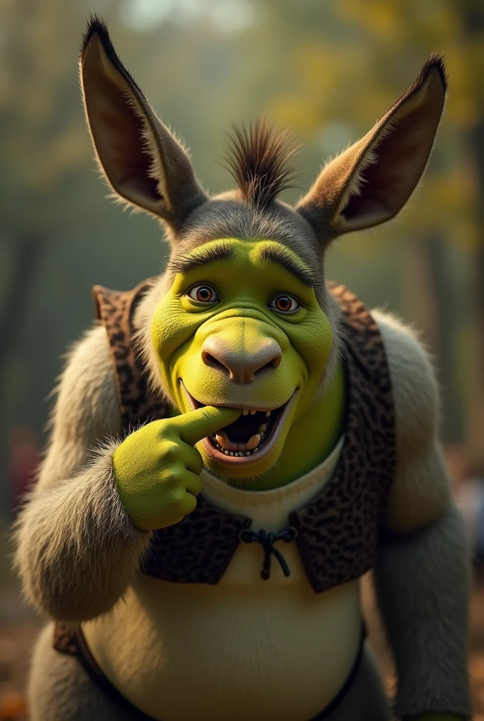 Create the image of a monkey sticking a finger in the ass of Shrek's donkey